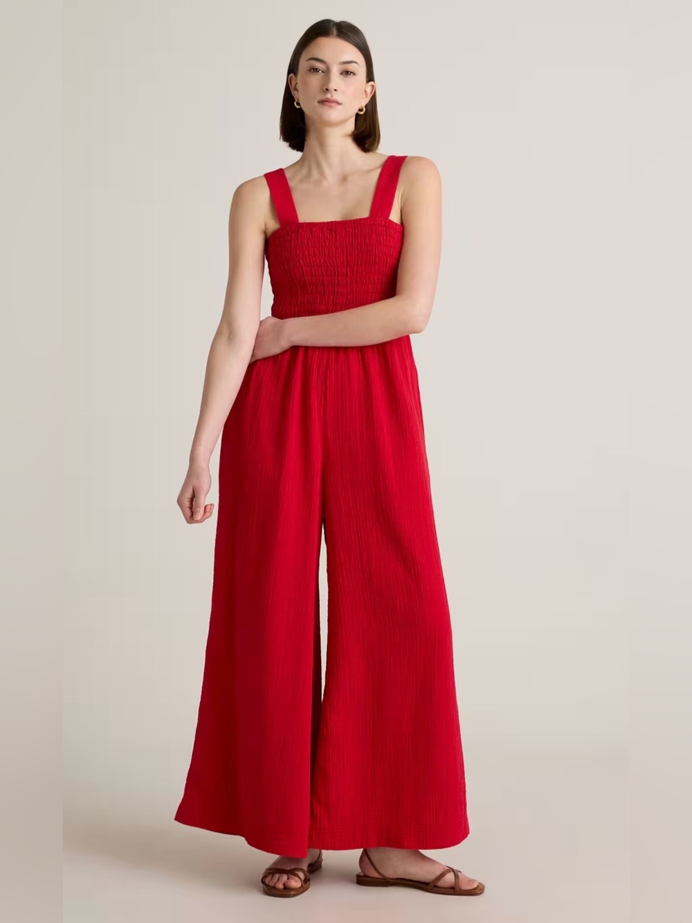 Quince 100% Organic Cotton Gauze Smocked Wide-Leg Jumpsuit-Red